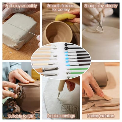 Kenaeooe 42 PCS Pottery Tools Kit Professional Clay Sculpting Tools Set with Leather Roll Bag for Polymer Clay, Ceramic, Modeling, Carving, Trimming, and Shaping for Artists and Beginners