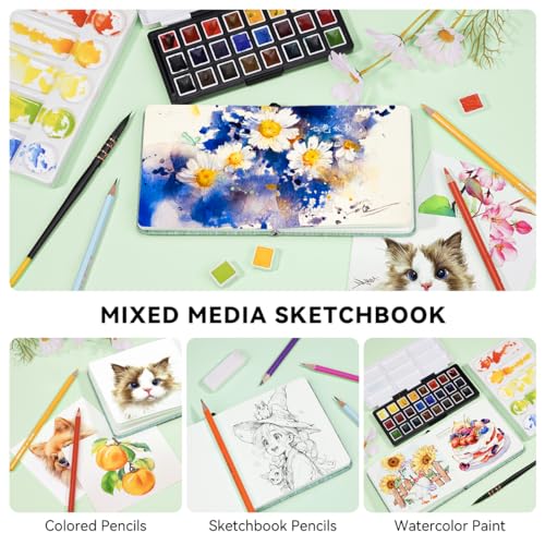 Lightwish Square Watercolor Journal,100% Cotton,300gsm/140lb,Acid-Free,24 Sheets Cold Press Watecolor Paper Sketchbook for Artists Adults Students,4.7 * 4.7 Inches - color: Deep Green
