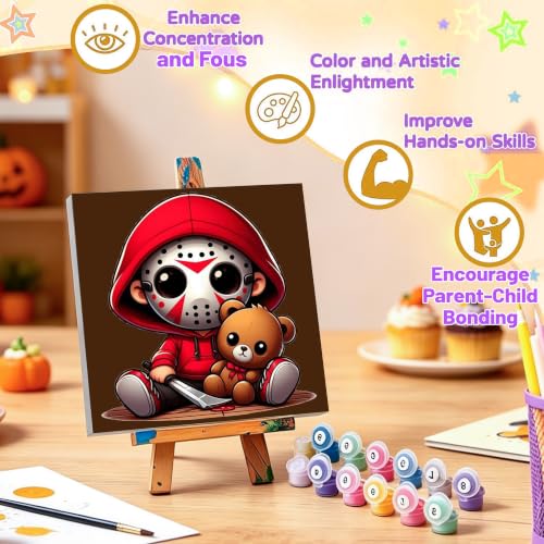 4 Pack Halloween Paint by Numbers for Kids with Frame Canvas - Wooden Easel - color: BKH2889+BKH2890+BKH2891+BKH2892