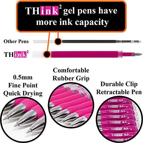 [24 Pens - Pink Ink] Think2 Retractable Gel Pens. (24 Pink) Fine Point (0.5mm) Rollerball Pens with Comfort Grip. - color: Pink