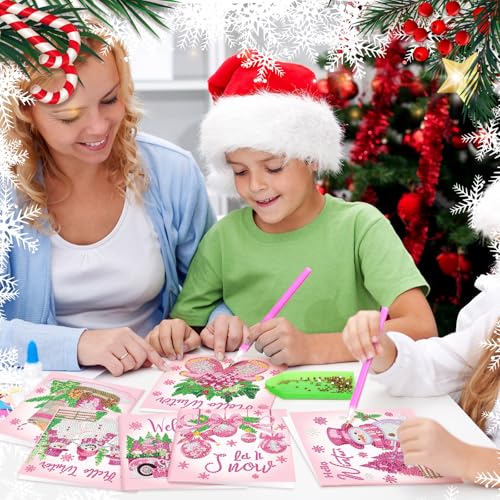 Saillong 12 Pack Pink Winter Diamond Painting Greeting Card Kits Winter Diamond Art Cards with Envelopes Snowman 5D Rhinestones Painting Making Kits for Adults DIY Craft Family Friend Holiday Gifts - color: Pink Winter