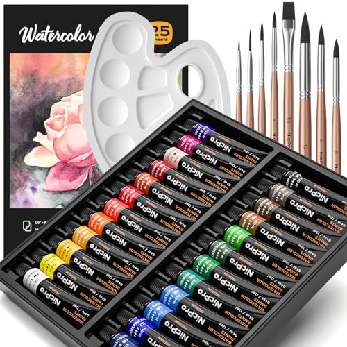 Nicpro Watercolor Paint Set for Adults, 24 Colors Watercolor Tube Set | 12ml/0.4oz Tube with 25 Watercolor Paper Book, 8 Squirrel Paint Brushes, Palettes, Water Color Painting Supplies for Artists - color: 24 Colors Set