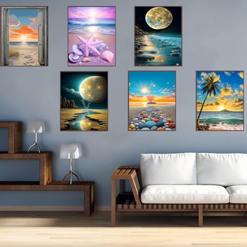 DOTZSO 6PCS Landscape Diamond Painting Art Kit for Adults Beginner 12x16 in | 5D Full Drill Resin, Landscape Pattern, Fits All Ages, Leisure Craft, Stress Relief, Wall/Shelf Display, All-Occasion Gift - color: AD Landscape Beach Moon Lake Dream