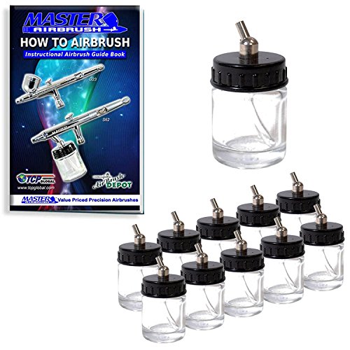 Master Airbrush (Pack of 10) TB-002 Empty 3/4 Ounce (22cc) Glass Jar Bottles with 30° Down Angle Adaptor Lid Assembly - Fits Dual-Action Siphon Feed Airbrushes, Use with Master, Badger, Paasche, Iwata - size: 0.75oz - Glass - 30°