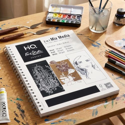 HQ Finestroke 3 in 1 Mix Media Sketchbook, 9 x 12 Inches Art Pad, Mixed Paper for Sketching, Drawing and Painting, Top Wiro Binding, 30 Sheet