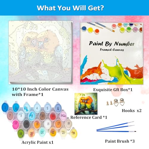 Artunion Framed Paint by Numbers Kit for Adults Beginners & Kids Ages 8-12,Couple Bird Paint by Number with Frame,Birds in Love Animal Paint by Numbers Kit on Canvas 10 * 10 Inch Without Easel - color: ZXT-320-F