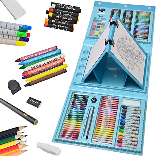 Sunnyglade 185 Pieces Double Sided Trifold Easel Art Set Art Supplies Blue - color: Blue