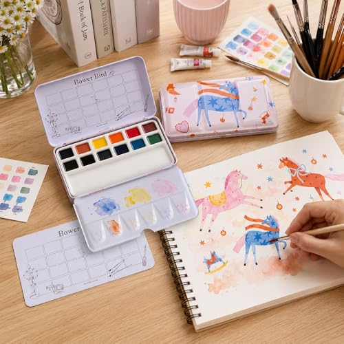 Bower Bird Travel Watercolor Palette, Portable Metal Tin with Ceramic Paint Palette, Empty Sketching Set, White, Antique Style (12well)