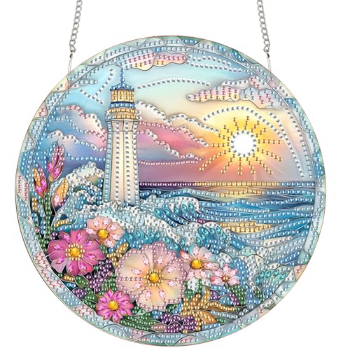 SKRYUIE Lighthouse Hanging Pearl Diamond Art Kits for Adults Suncatcher A23 | Special Shaped Crystal DIY Hanging Diamond Painting Kit, Gift for Mother Spring Summer Window Wreath Decor 7.48 x 7.32 Inch - color: colorful-2