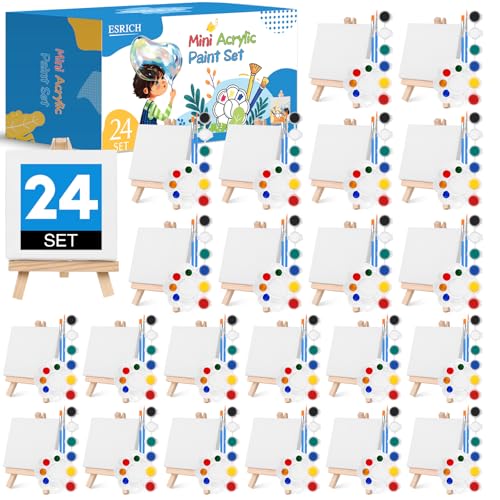 ESRICH 24 Set Mini Acrylic Paint Kit, Mini Stretched Canvas with Easel | Acrylic Paint Strips, Paint Palettes, Painting Brushes, Mini Canvas and Easel Set for Kids Artists Beginner, Gift