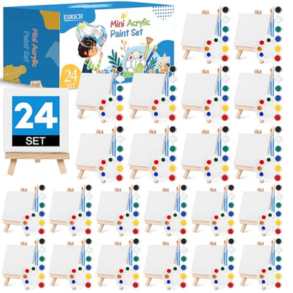 ESRICH 24 Set Mini Acrylic Paint Kit, Mini Stretched Canvas with Easel | Acrylic Paint Strips, Paint Palettes, Painting Brushes, Mini Canvas and Easel Set for Kids Artists Beginner, Gift