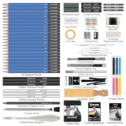 KALOUR PDAS 112 Drawing Set Sketch Kit, Pro Art Supplies with 3-Color Sketchbook, Graphite, Charcoal Pencils, Art Drawing Kit for Artists Adults Teens Beginners, Ideal for Shading & Blending