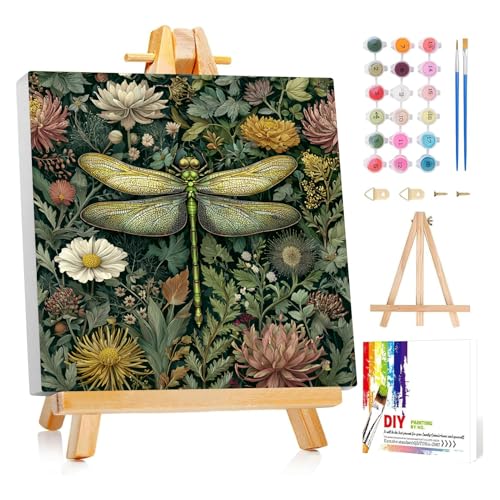 Framed Paint by Numbers Kit for Adults Beginner & Kids Ages 8-12 Dragonfly Adult Paint by Number Kits on Canvas with Easel Flower Painting by Numbers for Adults with Frame DIY Painting Kits 8x8 Inch - color: NZB28, size: 8x8 Inch