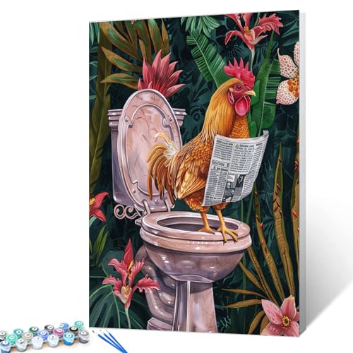 Tucocoo Funny Chicken DIY Paint by Numbers for Adults Vintage Farmhouse Rooster DIY Digital Oil Painting Animals on Toilet Painting Kits Canvas Acrylic Paint Room Bathroom Decor 16x20Inch Frameless - color: Paint by number-Closestool 08, size: 16''x20''(F