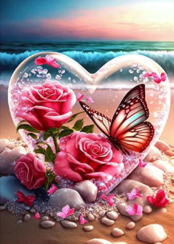 KINPLUB Beach Diamond Painting Kits for Adults, Flowers Heart Diamond Art Kits, 5D DIY Full Drill Seaside Butterflies Paint with Diamonds, Crystal Gem Art for Home Wall Decor 12 x 16 Inch - color: Love Butterfly
