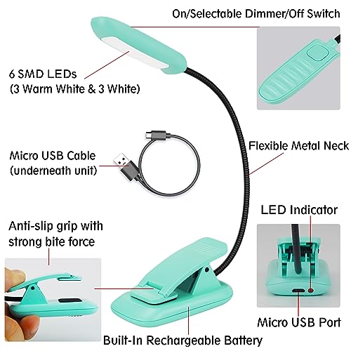 BIGMONAT Rechargeable Book Reading Light, Portable Bendable Neck, Brightness Adjustable with Eye Care Reading, Warm & White LEDs, Perfect for Kids, Bed Headboard & Travel (Blue, 1Pack) - color: 1Pack - Blue