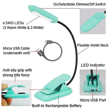 BIGMONAT Rechargeable Book Reading Light, Portable Bendable Neck, Brightness Adjustable with Eye Care Reading, Warm & White LEDs, Perfect for Kids, Bed Headboard & Travel (Blue, 1Pack) - color: 1Pack - Blue