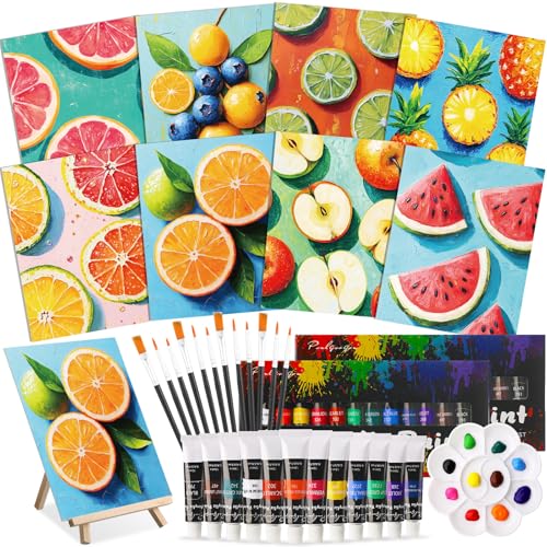 Cholemy 36 Pcs Paint and Sip Kit Gift for Adults 8''x10'',Colorful Fruits | Pre Drawn Canvas, Painting DIY Afro Acrylic Painting Kit, Wood Easel Brushes, Date Night Bulk, Summer Halloween Party - style: Colorful Fruits
