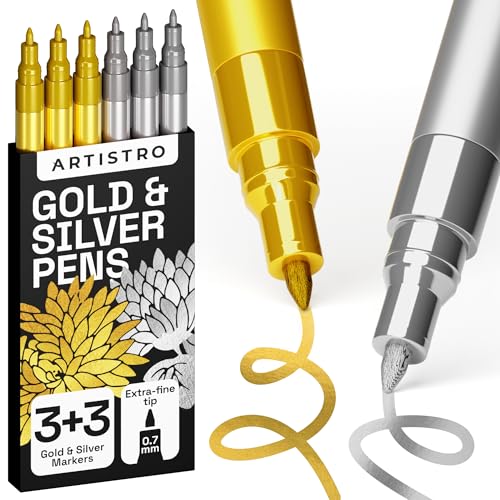 ARTISTRO 6 Gold & Silver Metallic Acrylic Paint Pens – 0.7mm Extra Fine Tip Paint Pens for Crafts, Rock Painting, Greeting Cards, Ornament Decor, DIY Art - color: Gold&Silver