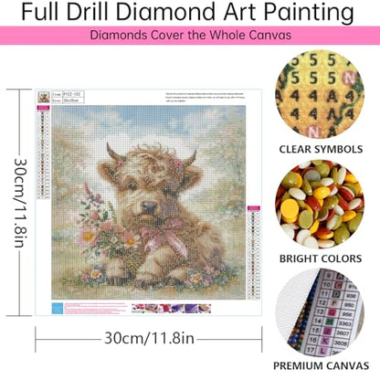 5D Diamond Painting Kits for Adults_beginners，Diamond Art Cow， Diamond Painting Kits Cow Highland Cow with Flowers Full Drill Diamond Art Kit 14x14 Inch - color: FYZZ-152