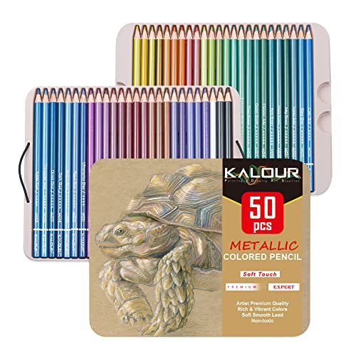 KALOUR 50 Piece Metallic Colored Pencils for Adult Coloring,Soft Core with Vibrant Color,Ideal for Drawing Blending Sketching Shading,Coloring Pencils for Adults Beginners