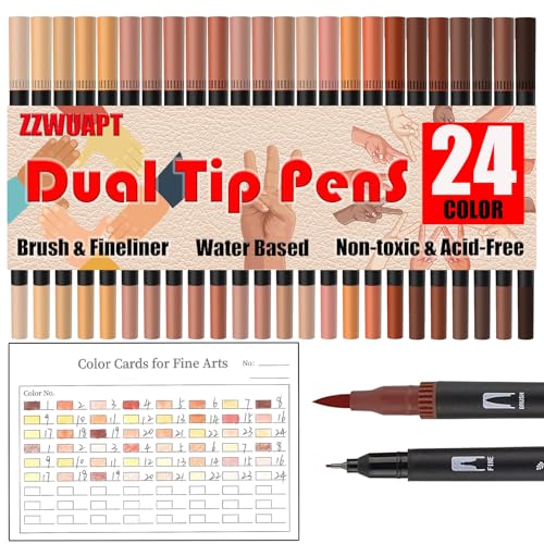 Skin Tone Double Tip Brush Pens Art Markers,24 Colored Artist Fine Brush Pen Coloring Markers for Adult Drawing Art Craft Kit - color: Skin Tone
