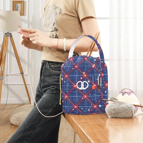 Blue Retro Plaid Stars Yarn Bag Small Crochet Bag Drawstring Yarn Storage Organizer Knitting Project Bags Potable Yarn Holder with Holes Handle Crocheting Needles Knitting Accessories - color: Blue Retro Plaid Stars