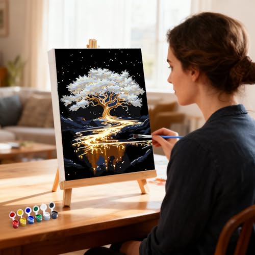 MXJSUA White Tree Framed Paint by Numbers for Adults Beginners, Easy Adults' Paint-by-Number Kits on Canvas with Easel, Acrylic Number Painting Crafts Gifts for Home Decor, 8x12 inch - color: White Tree