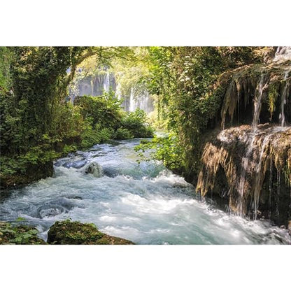 7x5ft Vinyl Green Forest Backdrops for Photography Background Mountain and Water Landscape Beautiful Waterfall and River Ancient Tree Outdoor Explore Holiday Backdrop Photo Studio - size: 7x5ft