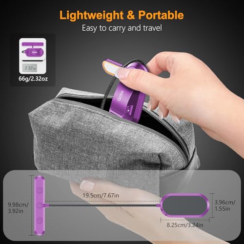 Gritin Rechargeable Book Light for Reading in Bed with 19 LED | Eye Caring 3 Color Temps, 5 Brightness Levels, Memory Function, 90 Hrs Runtime Flexible Goose Neck Clip on Light-Dark Purple - color: Dark Purple