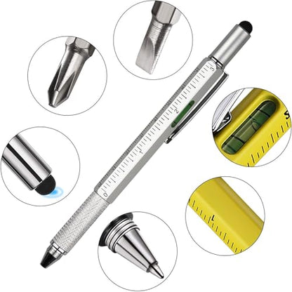 DUNBONG 6-in-1 Multi Pen, Stylus/Screwdriver, 0.7mm Black - Silver | Aluminum prismatic non-slip grip | Rotary no-cap design | Ruler & level built-in | Refillable | Long-lasting clip - color: Silver