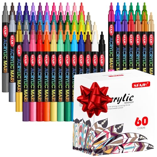 SFAIH Acrylic Creative Markers Set of 60 Vibrant, 14 Metallics, Fine Tips | 1-2mm Holiday Paint Markers for Any Surface, Ultra-High Coverage, High Color Rendering, Waterproof, Fade Resistant Non-Toxic - color: 60 Colors