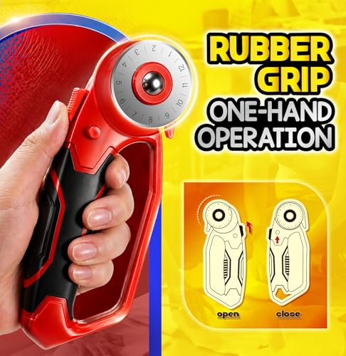 DIYSELF 45mm Rotary Cutter for Fabric, Fabric Cutter Rotary Tool, 5 Blades | Roller Cutter for Fabric with Ergonomic Handle, Safety Lock and Quick-Change Blades for Quilting, Sewing, Paper and Leather - color: Red