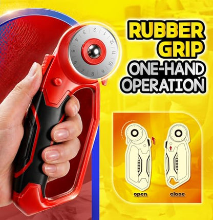 DIYSELF 45mm Rotary Cutter for Fabric, Fabric Cutter Rotary Tool, 5 Blades | Roller Cutter for Fabric with Ergonomic Handle, Safety Lock and Quick-Change Blades for Quilting, Sewing, Paper and Leather - color: Red