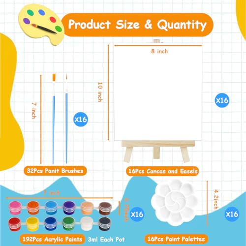 16 Pack 8x10 Inch Canvas and Easel Set, 16 Small Canvas for Painting with 16 Easels, 16 Acrylic Paint Set, 32 Paint Brushes, 16 Palletes, Painting Kits for Adults Beginners Party