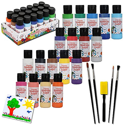Washable Tempera Paints Set of 18 for children, Kids Non-Toxic Acrylic Paint, Kid Friendly, Kid Safe Paint Set, Includes Variety of Brushes, Color, Craft, Create and Party.