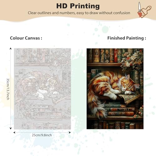 EOBROMD Framed Paint by Numbers Kits for Adults with Wooden Easel, Cat Bookshelf DIY Acrylic Paint by Number on Stretched Canvas, Painting Kits Adults Oil by Numbers for Home Decor 10x14 Inch - color: LG057