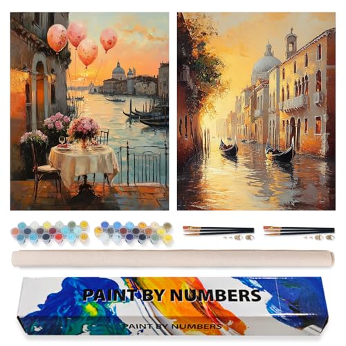 Possoco 2 Pack Paint by Numbers Kit for Adults Beginner, Sunset Venice Adult Paint by Number Kits on Canvas, DIY Landscape Acrylic Number Painting for Adults for Home Wall Decor Gift 16x20 Inch - color: DG-OP-2P-Venice-4050