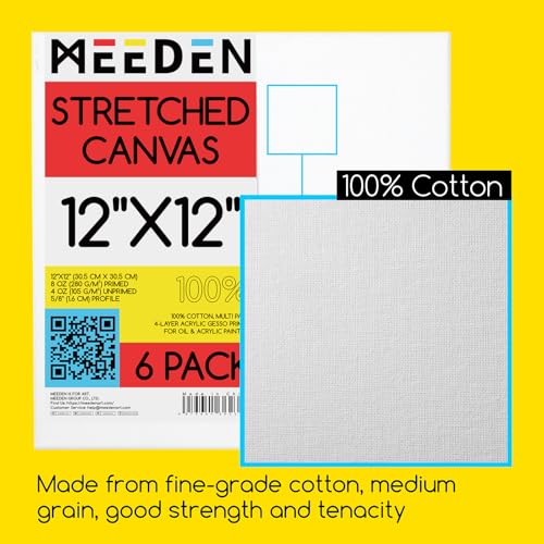 MEEDEN Stretched Canvas, 12 × 12 Inch, Pack of 6, Blank White Canvases for Painting, 100% Cotton, 12 oz Gesso-Primed, Pre-Stretched Canvas for Acrylic Oil Pouring & Airbrushing Painting - size: 12''x12''- 6 Pack