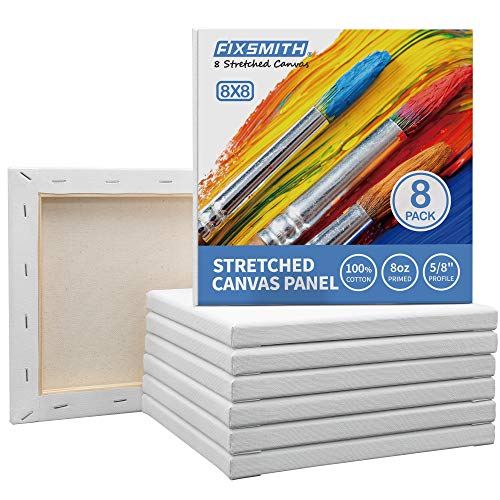 FIXSMITH Stretched White Blank Canvas- 8x8 Inch,8 Pack,Primed,100% Cotton,5/8 Inch Profile of Super Value Pack for Acrylics,Oils & Other Painting Media. - size: 8"x8"-8Pack