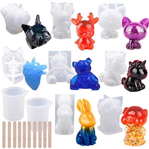 EuTengHao 20Pcs 3D Animal Resin Molds Tools Set Includes 8 Resin Casting Molds Large Clear Epoxy Silicone Molds 2 Measurement Cup 10 Wood Sticks for Resin Craft DIY