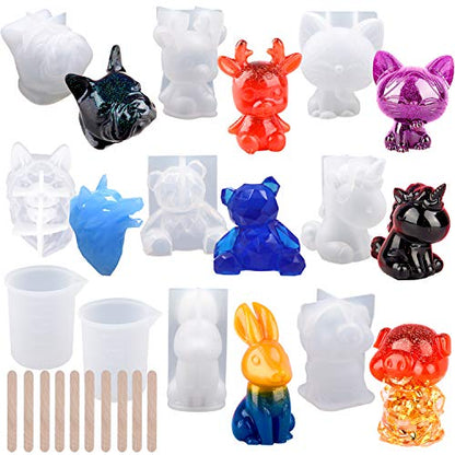 EuTengHao 20Pcs 3D Animal Resin Molds Tools Set Includes 8 Resin Casting Molds Large Clear Epoxy Silicone Molds 2 Measurement Cup 10 Wood Sticks for Resin Craft DIY