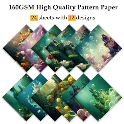 Scrapbook Paper, 24 Sheets 6"×6" 160gsm Single-Sided Patterned Cardstock - color: 24 sheets-underwater castle