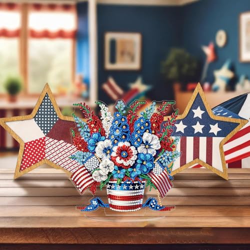 ARPADAMO Tabletop Ornament Diamond Art Kit for Adult USA Flag Flower Basket | 5D DIY Special Shaped Crystal Patriotic Double Sided 4th of July Diamond Painting Art Kit,Placement Ornament Gift Home Garden - color: DP03971