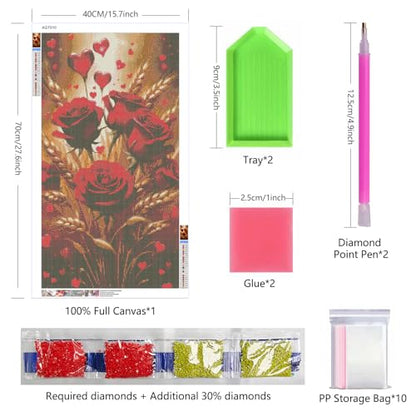 ARTGOTO Red Rose Diamond Painting Kit for Adults 15.7 x 27.5 Inch | Large 5D Full Square Drill Diamond Art Kit, Red Roses Hearts Wheat DIY Gem Art Canvas with 2 Tool Sets, 30% Extra Diamonds - color: AGT010