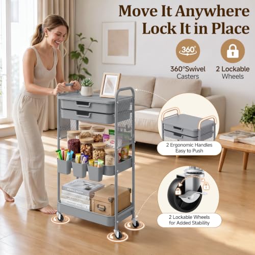 3 Tier Rolling Cart with 2 Drawers, Metal Utility Storage Carts with Wheels | Kitchen Rolling Cart 4.5" Deep Basket, Mesh Side Panel with 3 Cups, 4 Hooks for Office, Bedside, Craft Storage Cart - color: Dark Dray