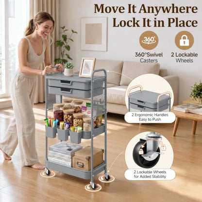 3 Tier Rolling Cart with 2 Drawers, Metal Utility Storage Carts with Wheels | Kitchen Rolling Cart 4.5" Deep Basket, Mesh Side Panel with 3 Cups, 4 Hooks for Office, Bedside, Craft Storage Cart - color: Dark Dray