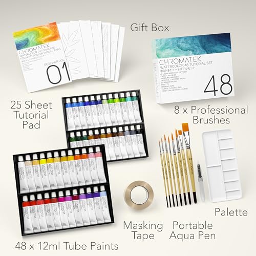 CHROMATEK Watercolor Tutorial Set, 7 Part Video Course, 84 Piece All-In-One Kit, Adults, Beginner & Professional Artists, 48 Watercolor Paint Tubes, 25 Page Workbook, 8 Brushes, Aquapen, Palette, Tape