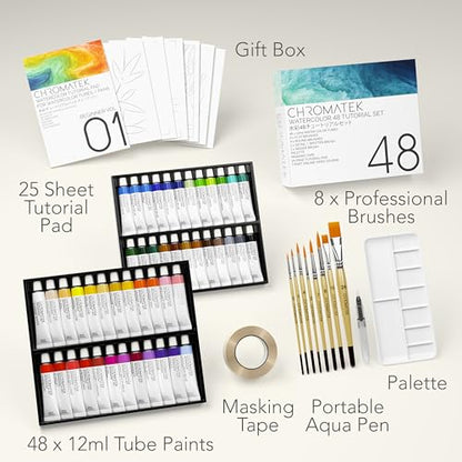 CHROMATEK Watercolor Tutorial Set, 7 Part Video Course, 84 Piece All-In-One Kit, Adults, Beginner & Professional Artists, 48 Watercolor Paint Tubes, 25 Page Workbook, 8 Brushes, Aquapen, Palette, Tape