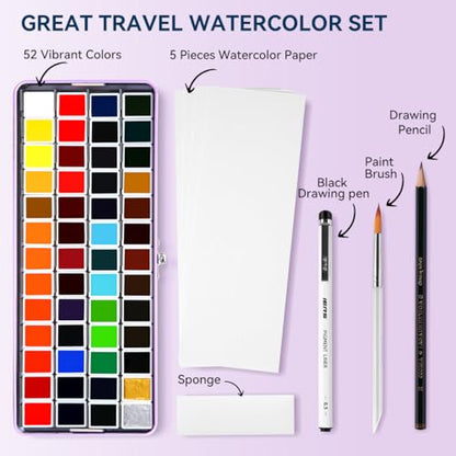 MeiLiang 52 Colors Watercolor Paint Set, Half Pans - style: Solid Watercolor 52 Color Purple Case